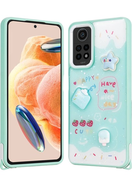 Xiaomi Redmi Note 12 Pro 4g Kılıf Parlayan Sıvılı Simli Kabartma Figürlü Znth Cevze Kapak-Yeşil