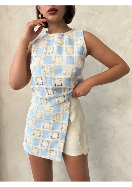 Kadın Yazlık Bisiklet Yaka Kroşata Motifli Güpür Bluz 3D-2341