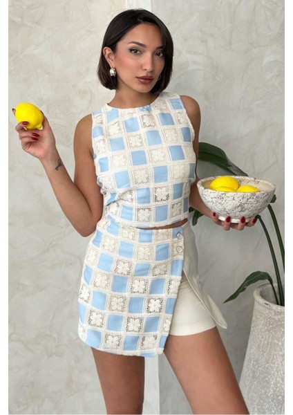 Kadın Yazlık Bisiklet Yaka Kroşata Motifli Güpür Bluz 3D-2341 modelleri