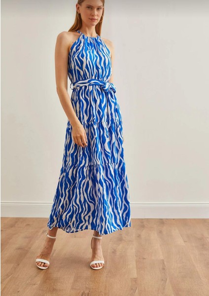 Is Berceste Kadın Zebra Saks Mavi Halter Yaka Kuşaklı Dokuma Viscon Elbise