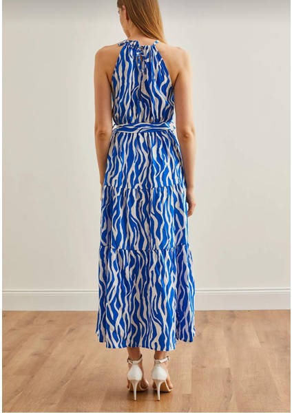 Is Berceste Kadın Zebra Saks Mavi Halter Yaka Kuşaklı Dokuma Viscon Elbise