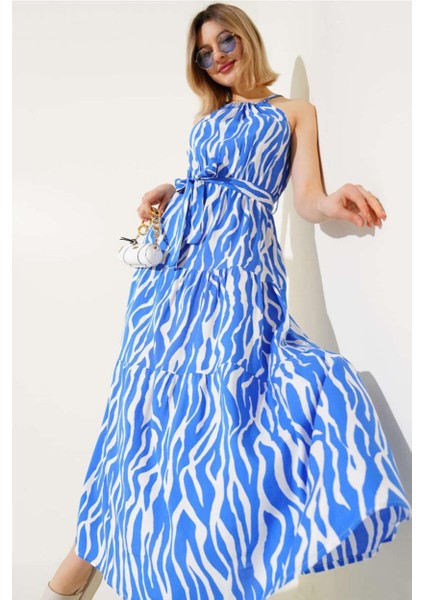 Is Berceste Kadın Zebra Saks Mavi Halter Yaka Kuşaklı Dokuma Viscon Elbise