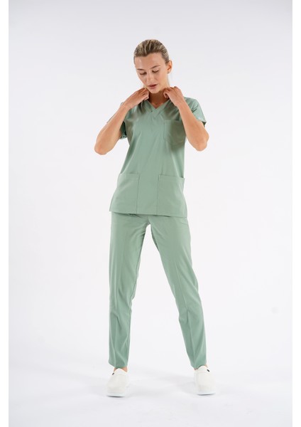 Küf Yeşili Dr. Greys Modeli Likralı Hemşire Forması Yarasa Kol Doktor Scrubs Hastane Takımı