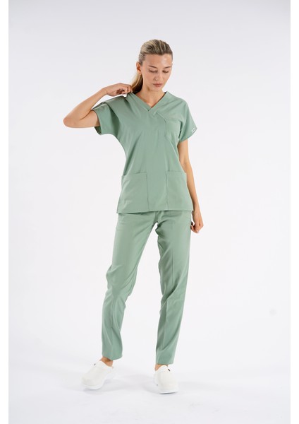 Küf Yeşili Dr. Greys Modeli Likralı Hemşire Forması Yarasa Kol Doktor Scrubs Hastane Takımı