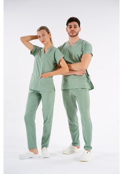 Küf Yeşili Dr. Greys Modeli Likralı Hemşire Forması Yarasa Kol Doktor Scrubs Hastane Takımı modelleri