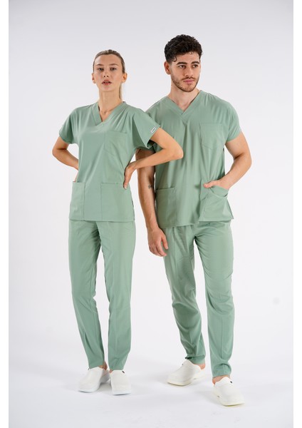 Küf Yeşili Dr. Greys Modeli Likralı Hemşire Forması Yarasa Kol Doktor Scrubs Hastane Takımı fiyatları
