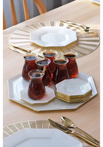 Sekizgen Krem Altın Yaldızlı 6 Kişilik 34 Parça Pasta Servis Takımı