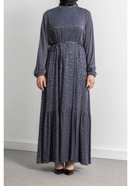 Etek Büzgü Detaylı Jakar Elbise - Gri - Es