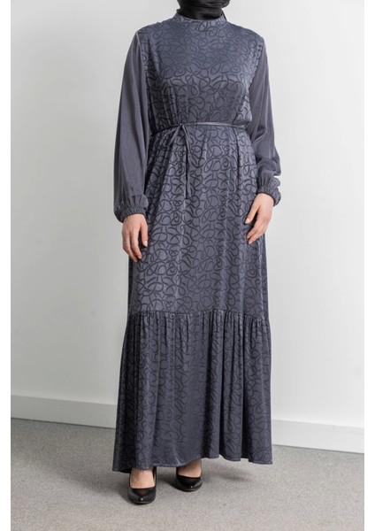 Etek Büzgü Detaylı Jakar Elbise - Gri - Es fiyatları