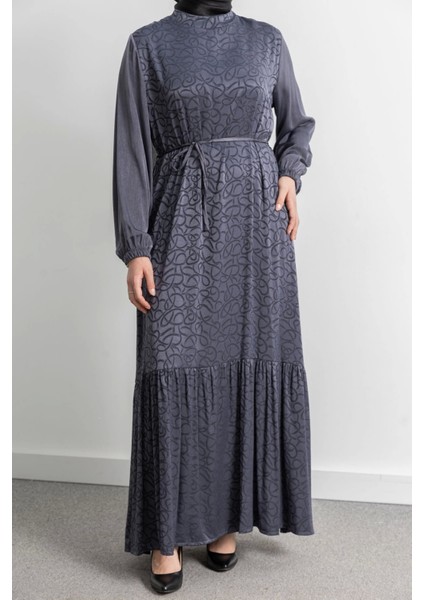 Etek Büzgü Detaylı Jakar Elbise - Gri - Es modelleri