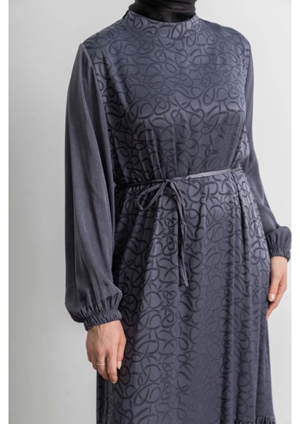 Etek Büzgü Detaylı Jakar Elbise - Gri - Es fırsatları