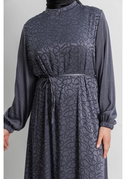 Etek Büzgü Detaylı Jakar Elbise - Gri - Es indirimleri