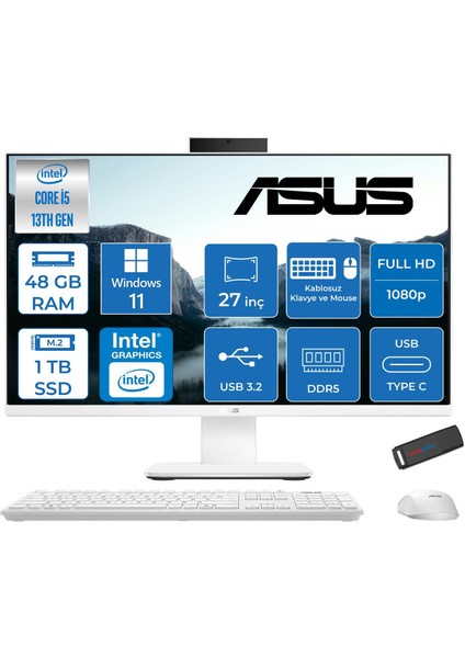 V470VAK Intel Core İ5-13420H 48GB Ddr5 1tb SSD 27'' Fhd 100Hz 300NITS Windows 11 Pro Beyaz Allınone Bilgisayar ABI58512W0DP23+ZETTAUSBBELLEK