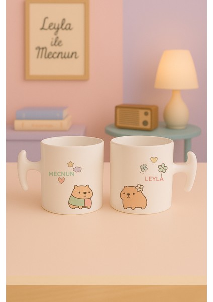 2'li Kupa Seti, Cappybara Aşkı: Isme Özel Sevimli Çift,hediyelik, Hammer Kulplu Bardak