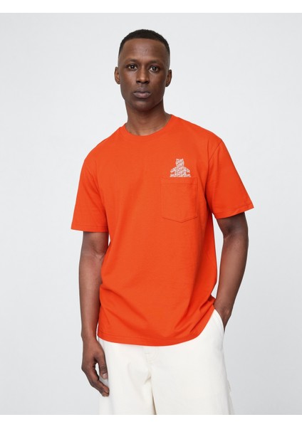 Erkek Canlı Kırmızı Pocket Grafik Baskılı T-Shirt