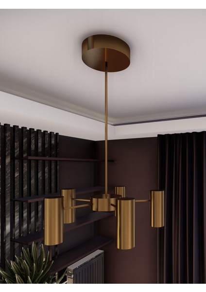 Luxera 5 Kollu Spot Avize – GU10 Duylu Gold Modern Silindirik Tasarım