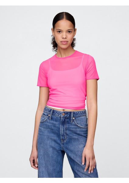 Kadın Pembe Transparan Crop T-Shirt