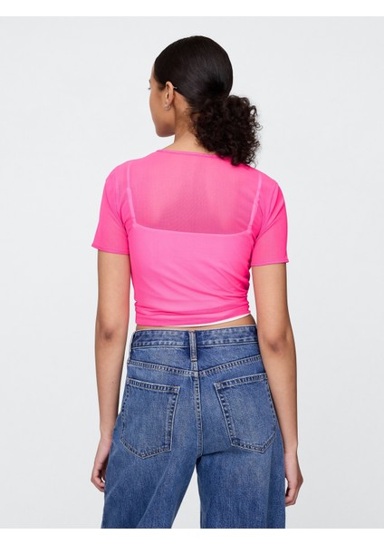 Kadın Pembe Transparan Crop T-Shirt modelleri