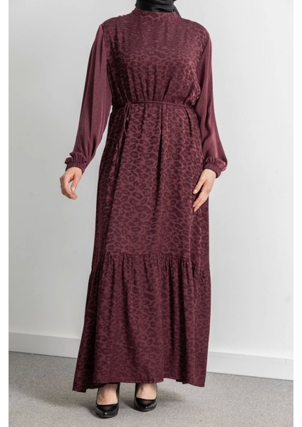 Etek Büzgü Detaylı Jakar Elbise - Bordo - Leopar