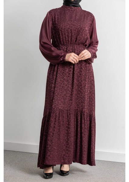 Etek Büzgü Detaylı Jakar Elbise - Bordo - Leopar fiyatları