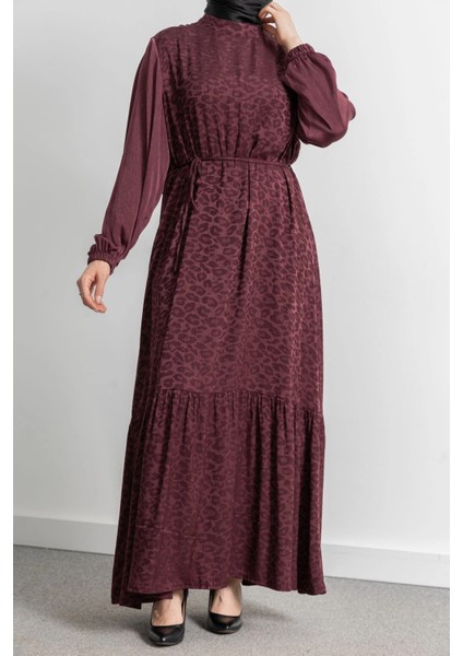 Etek Büzgü Detaylı Jakar Elbise - Bordo - Leopar modelleri
