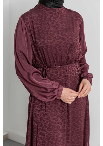Etek Büzgü Detaylı Jakar Elbise - Bordo - Leopar fırsatları
