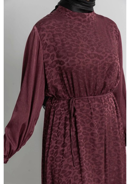 Etek Büzgü Detaylı Jakar Elbise - Bordo - Leopar indirimleri