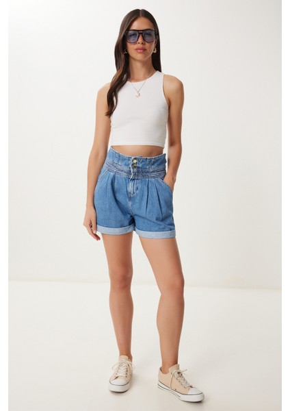 Yüksek Bel Denim Şort