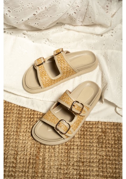 Bred Kadın Hasır Detaylı Tokalı Kalın Taban Terlik