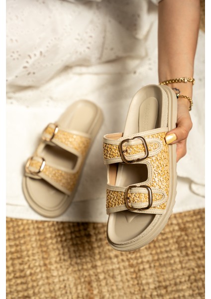 Bred Kadın Hasır Detaylı Tokalı Kalın Taban Terlik fiyatları