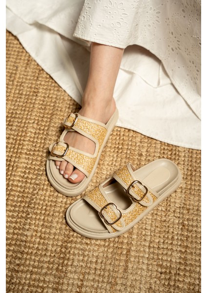 Bred Kadın Hasır Detaylı Tokalı Kalın Taban Terlik modelleri