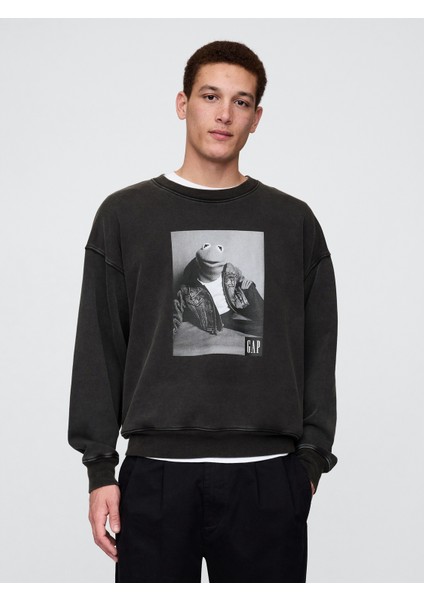 Erkek Siyah Gap × Disney Grafikli Oversized Sweatshirt