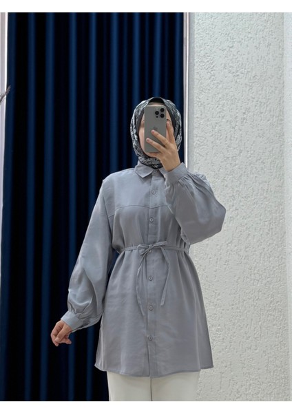 Yelilia Bağcıklı Robalı Modal GÖMLEK-PE223 Gri