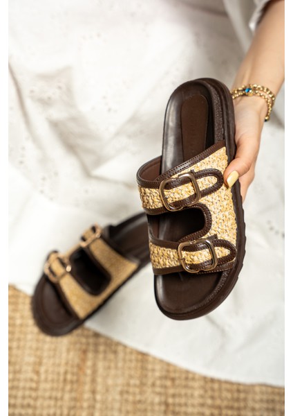 Bred Kadın Hasır Detaylı Tokalı Kalın Taban Terlik