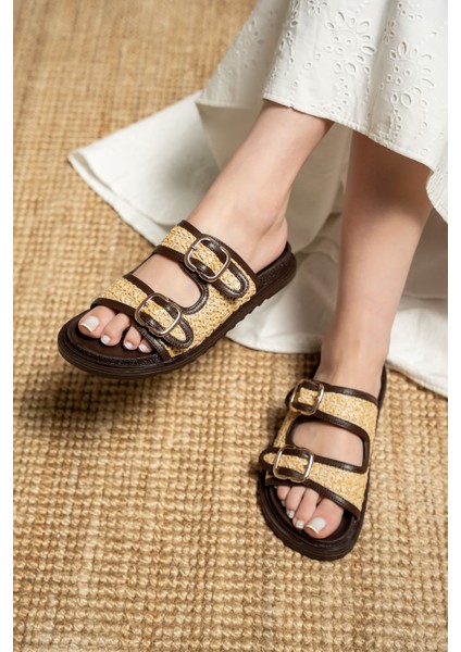 Bred Kadın Hasır Detaylı Tokalı Kalın Taban Terlik modelleri