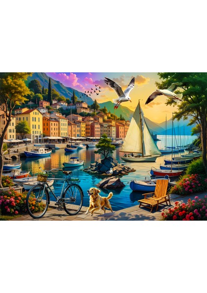 1000 Parça Harbor Of Serenity Puzzle - Limanda Sakinlik ve Yelkenli Manzaralı Yapboz 68X48 cm