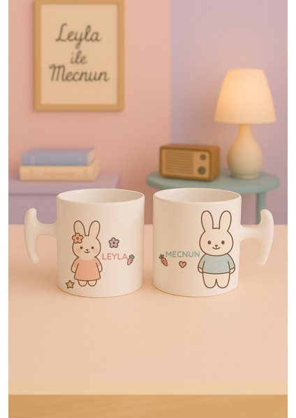 2'li Kupa Seti, Tavşan Aşkı: Isme Özel Sevimli Çift, Hediyelik, Hammer Kulplu Bardak