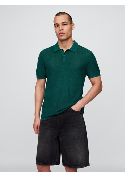 Erkek Yeşil Dokulu Kroşe Polo T-Shirt