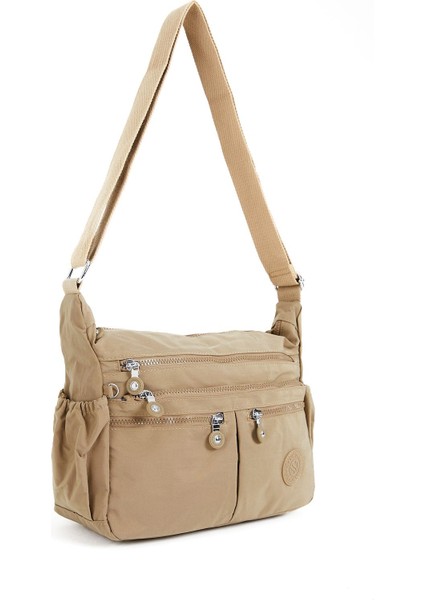 Kadın Suya Dayanıklı Krinkıl Kumaş Çok Gözlü Ayarlanabilir Bej Çapraz Askılı Omuz Çantası