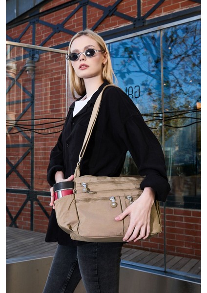 Kadın Suya Dayanıklı Krinkıl Kumaş Çok Gözlü Ayarlanabilir Bej Çapraz Askılı Omuz Çantası indirimleri