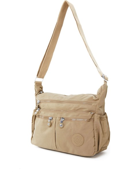 Kadın Suya Dayanıklı Krinkıl Kumaş Çok Gözlü Ayarlanabilir Bej Çapraz Askılı Omuz Çantası