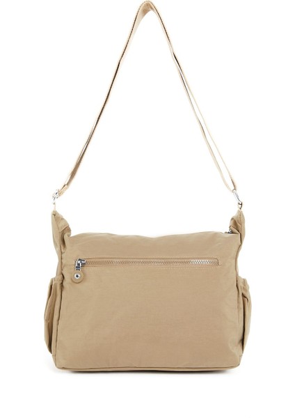 Kadın Suya Dayanıklı Krinkıl Kumaş Çok Gözlü Ayarlanabilir Bej Çapraz Askılı Omuz Çantası