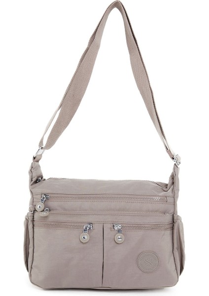 Kadın Suya Dayanıklı Krinkıl Kumaş Çok Gözlü Ayarlanabilir Vizon Renk Çapraz Askılı Omuz Çantası