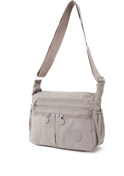 Kadın Suya Dayanıklı Krinkıl Kumaş Çok Gözlü Ayarlanabilir Vizon Renk Çapraz Askılı Omuz Çantası