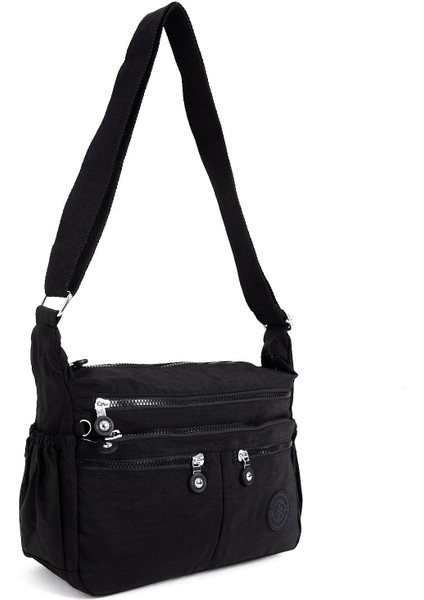 Kadın Suya Dayanıklı Krinkıl Kumaş Çok Gözlü Ayarlanabilir Siyah Çapraz Askılı Omuz Çantası