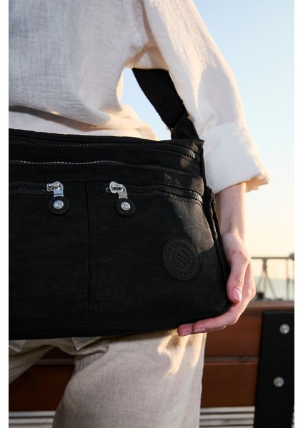 Kadın Suya Dayanıklı Krinkıl Kumaş Çok Gözlü Ayarlanabilir Siyah Çapraz Askılı Omuz Çantası indirimleri