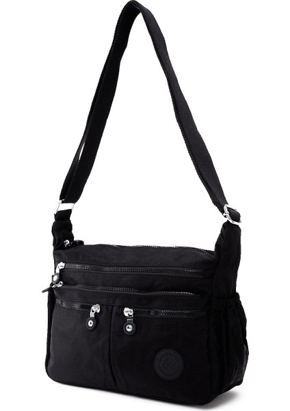 Kadın Suya Dayanıklı Krinkıl Kumaş Çok Gözlü Ayarlanabilir Siyah Çapraz Askılı Omuz Çantası