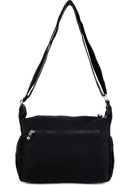 Kadın Suya Dayanıklı Krinkıl Kumaş Çok Gözlü Ayarlanabilir Siyah Çapraz Askılı Omuz Çantası