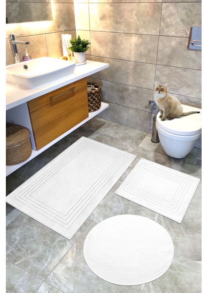 Pamuklu Dokuma Su Emici Banyo Paspas Seti, Banyo Halısı, Vera, 3 Lü Set, Klozet Takım 60X100 - 60X50 - 60X60