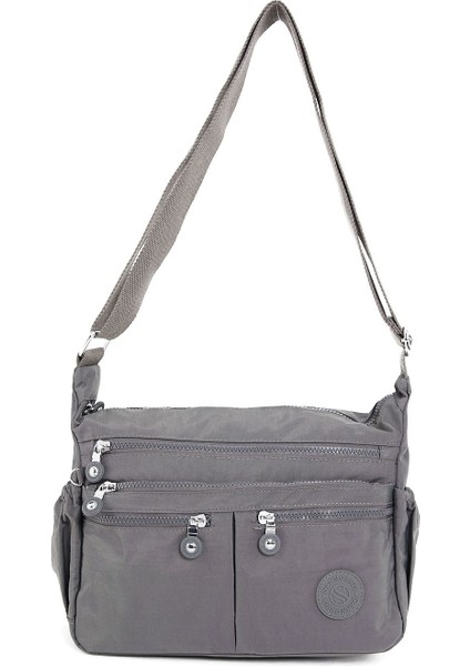 Kadın Suya Dayanıklı Krinkıl Kumaş Çok Gözlü Ayarlanabilir Koyu Gri Çapraz Askılı Omuz Çantası